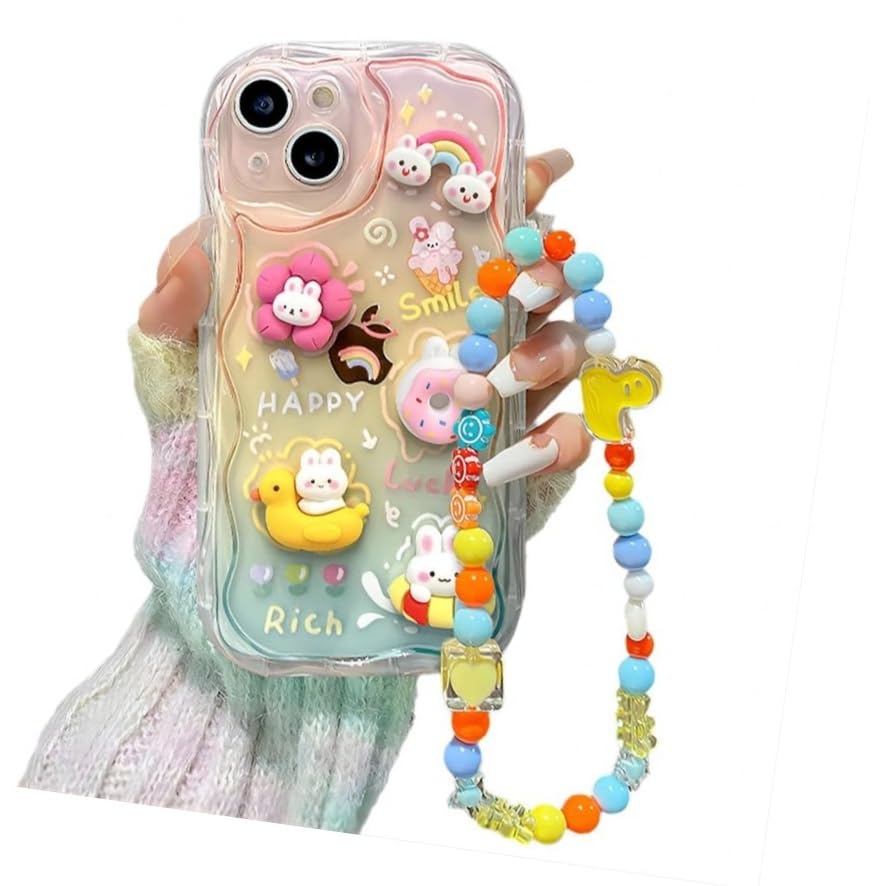 Designed for iPhone Case,Cute Rainbow Rabbit Duck Kawaii Cartoon Animal Wristband Strap Bracelet Chain Soft Shockproof Cover Phone Case (iPhone 17,Pink)