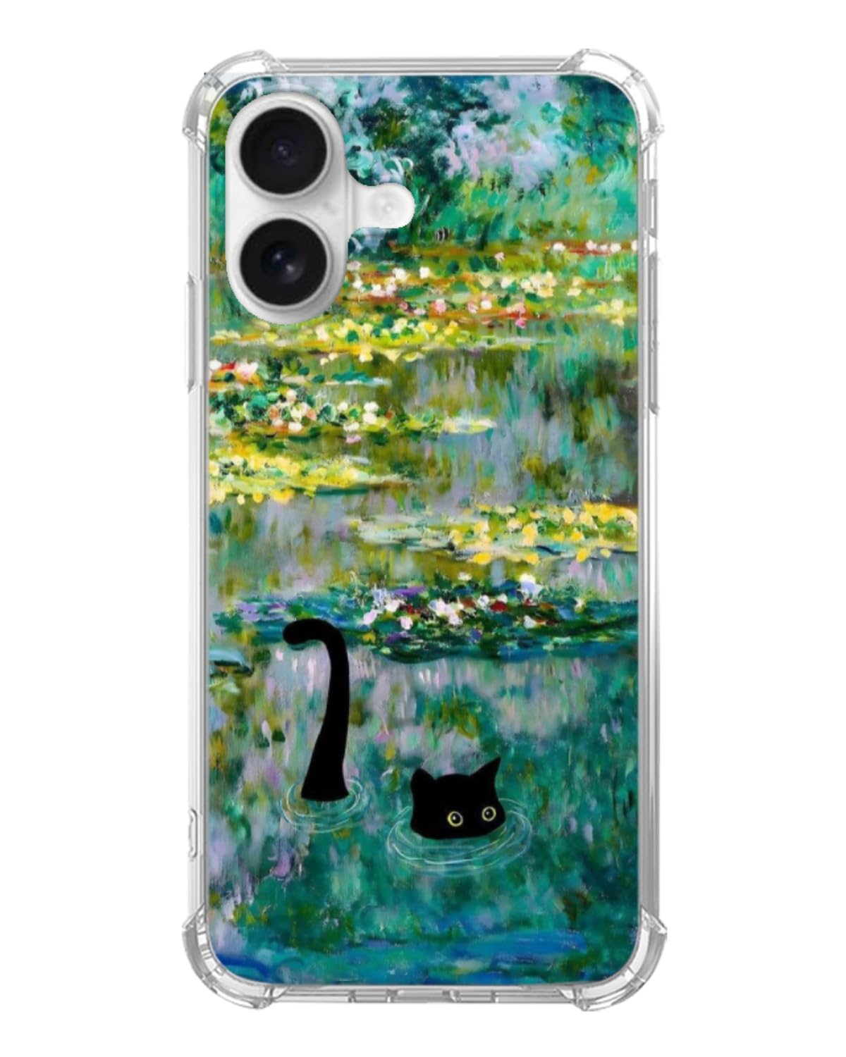 Water Lily Pond Black Cat Phone Case Compatible with iPhone 17, Cute Cat Painting Phone Cover for iPhone 17