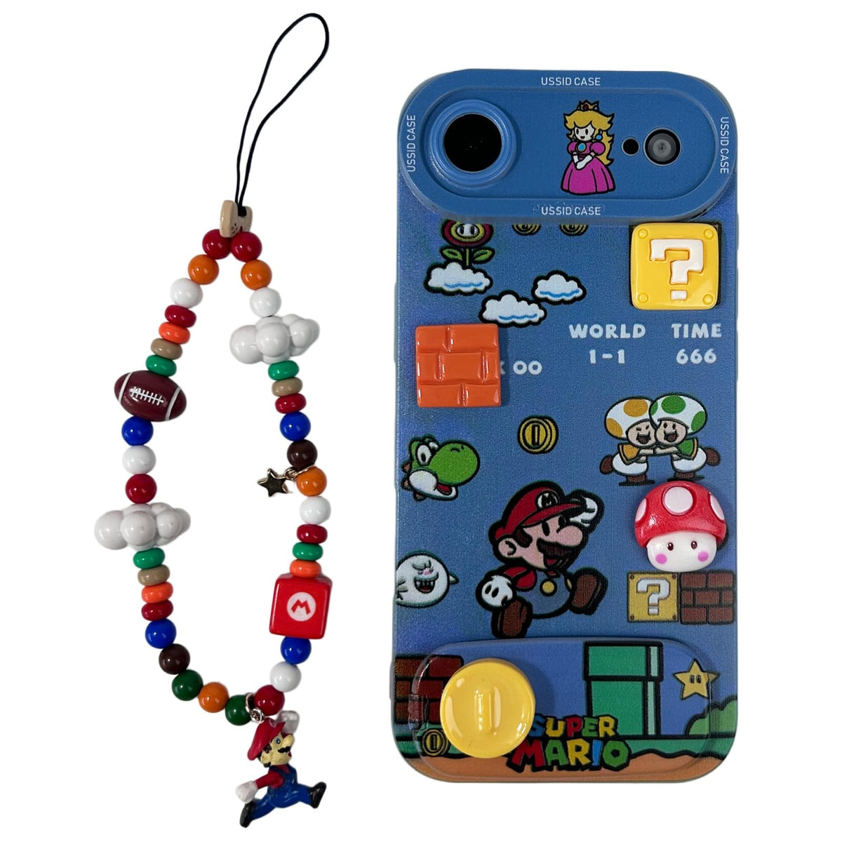 Mario Phone Case for iPhone 17 Pro Max with Mario Beaded Strap & Flip Mirror Kickstand, Cute Cartoon Shockproof Protective Cover with Peach Princess & Mushroom 3D Design (17pm)