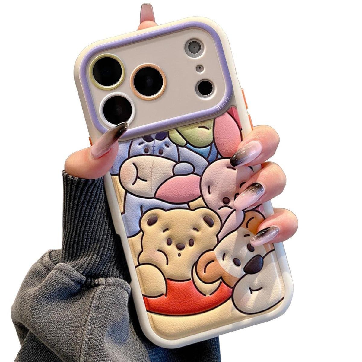 Compatible with iPhone 16 Pro Cute Case, Kawaii Phone Case TPU Leather Cute Bear Cartoon case Soft Rubber Shockproof Protective for iPhone 16 Pro Case Cover for Women Girls