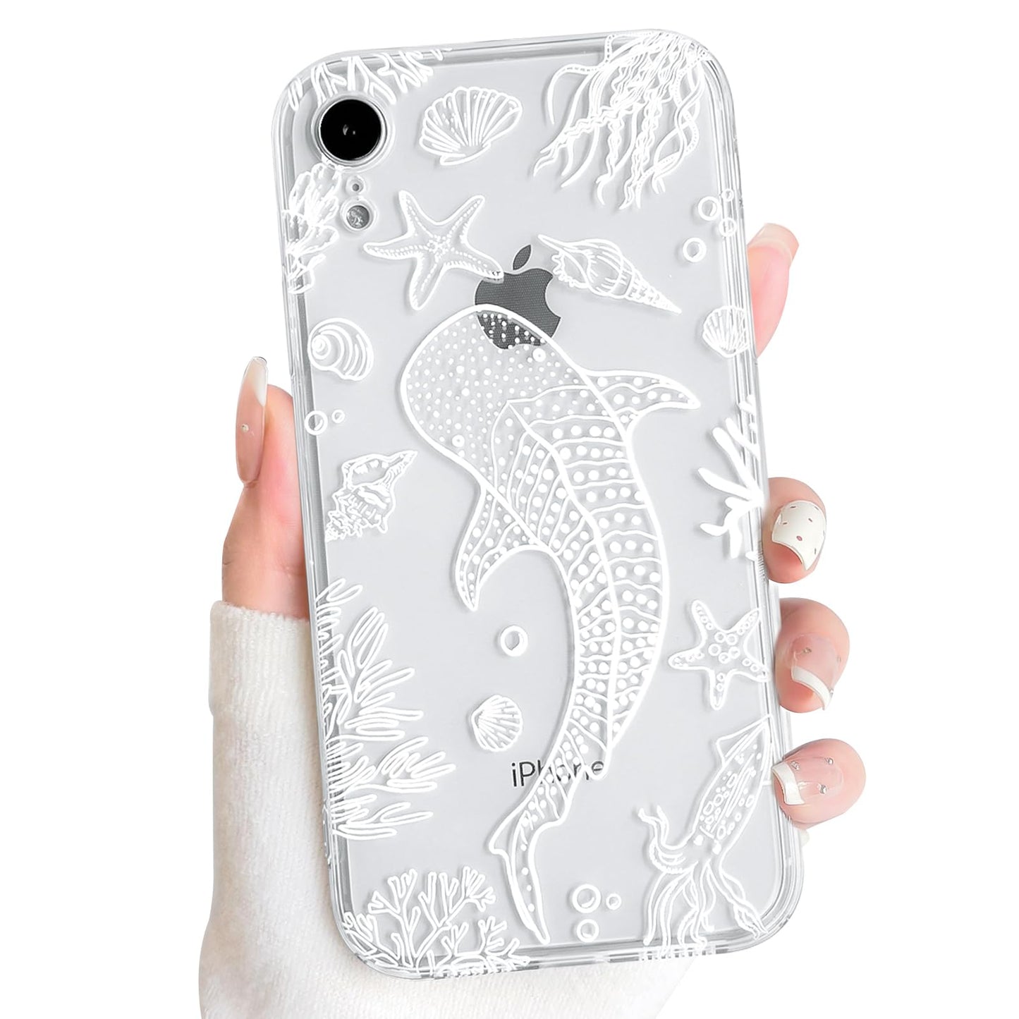 NITITOP Compatible with iPhone 16 Case Clear Sea - White Fish | Cute, Shell whale ocean animal, For women men girls boys, Slim, Soft TPU, Shockproof