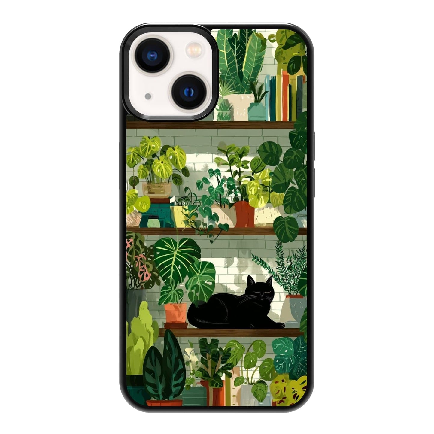 Black Cat Indoor Jungle Potted Plants Bookshelf Dark Green Botanical Urban Forest Phone Case, Shockproof Protective Cover for iPhone 11 12 13 14 15 16 17 Pro Max Plus Mini XR 7 8 SE