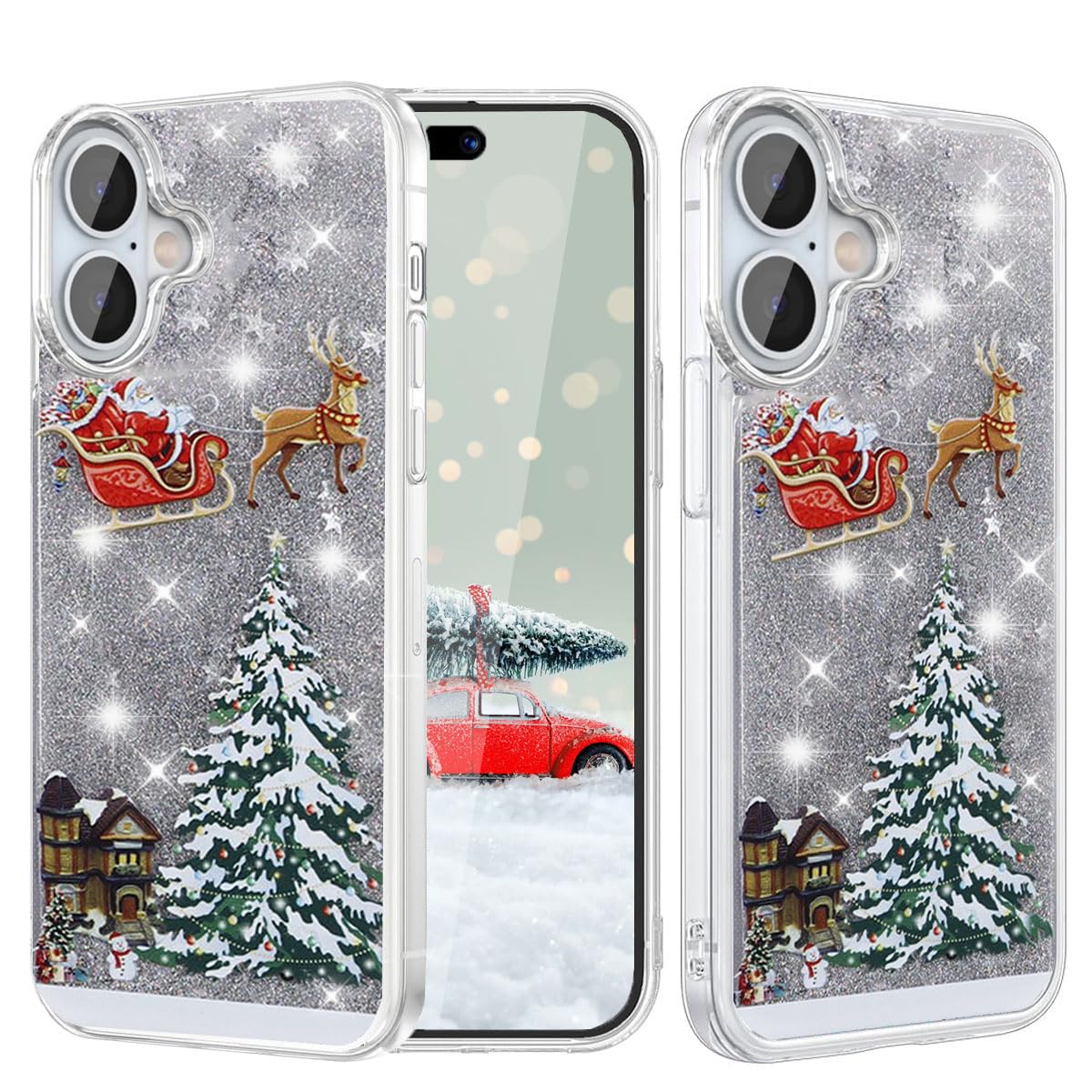 Glitter Christmas Case for iPhone 17 Glitter Case Christmas Tree Clear Floating Flowing Moving Bling Snowman Santa Elk Tree Women Cute Liquid Holiday Case for iPhone 17, Silver