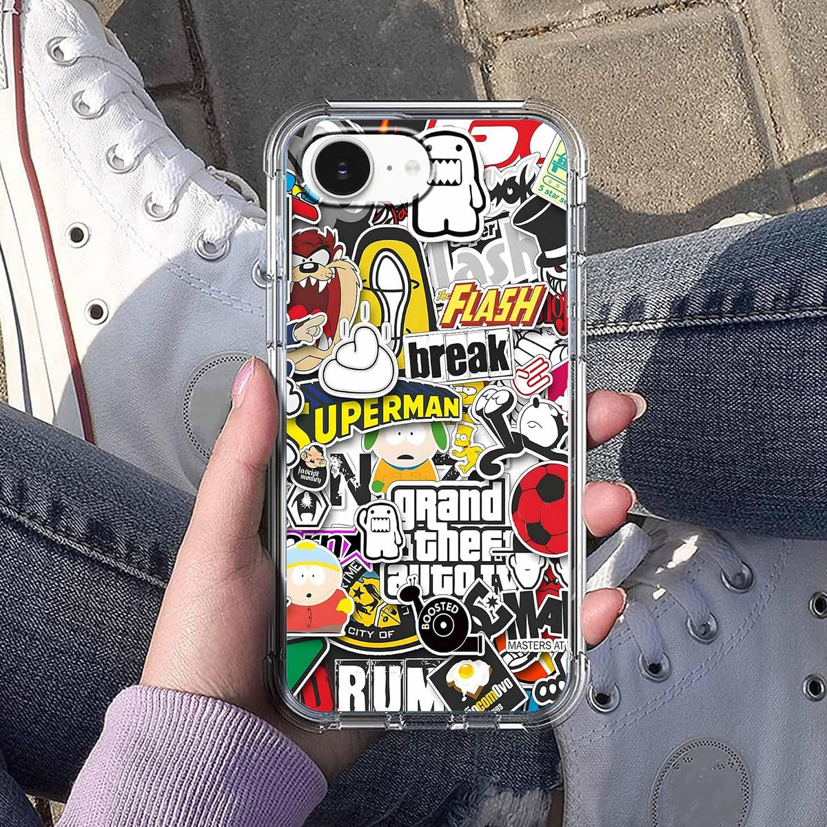 Case for iPhone 16e and iPhone 17e with Pop Culture Design,Aesthetic Cartoon Sticker Bomb Art Collage,Clear Slim Soft TPU Bumper Phone Cover,6.1”(Pop,16e)