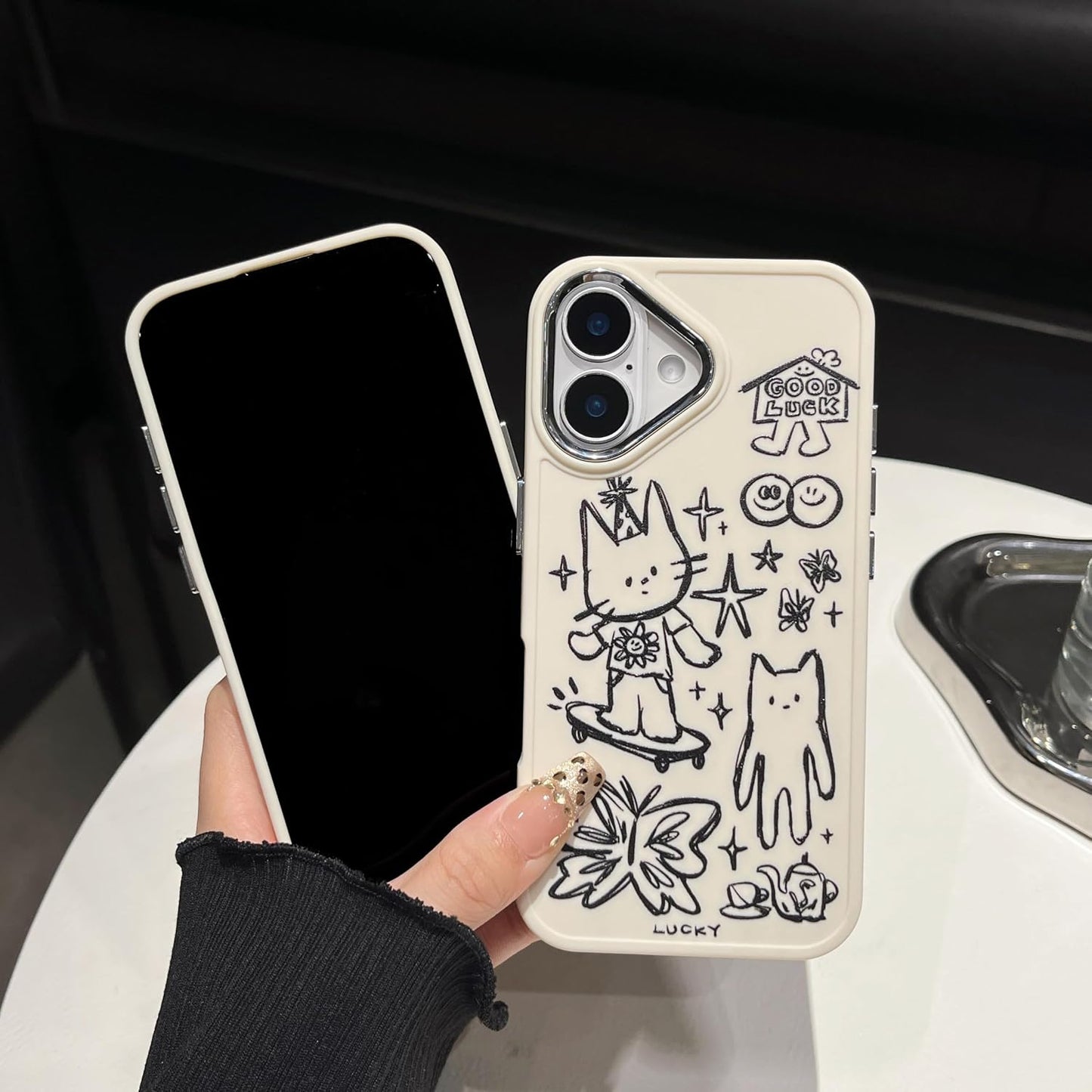 Designed for iPhone Case, Cute Cat Butterfly Star Lucky Line Drawing Soft Phone Case (White,for iPhone 14)