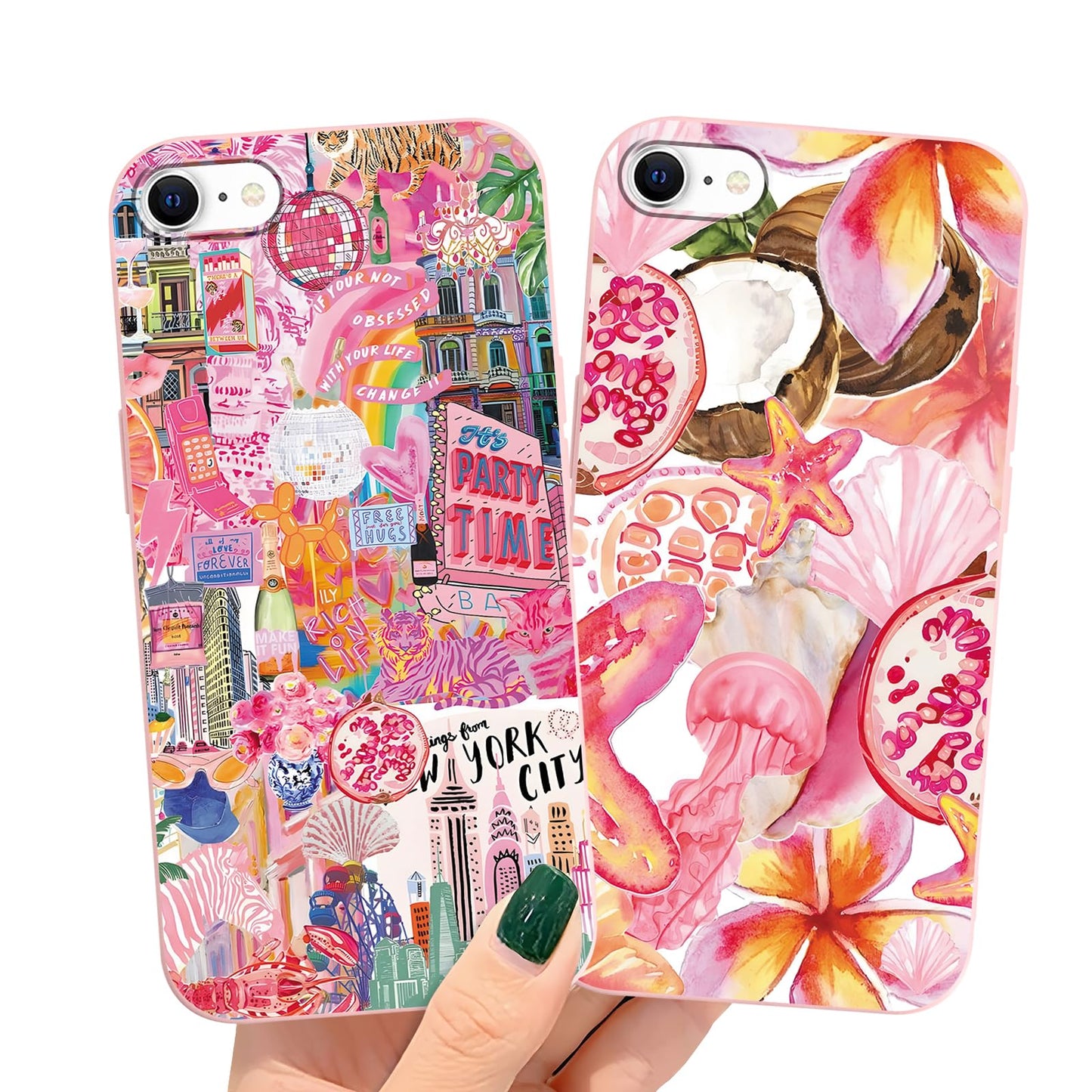 2 Packs Summer Fruit Animal Illustration Collage Pattern Phone Case for iPhone 16 6,1", Cute Aesthetic Design Print Funda with Liquid Silicone Shockproof Protection Soft Cover for Women Girls