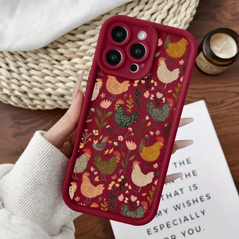 This green plant and chicken patchwork phone case features a drop-proof and non-slip TPU full-coverage lens protector, compatible with iPhone 17, 16, 15, 14, 13, 12, 11, XS, X series, and more. It makes a great gift for friends or family.