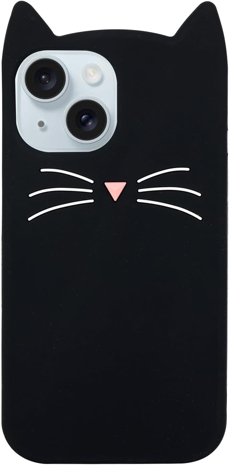MC Fashion 3D Cat Ears Shockproof Silicone Case for iPhone 15 Black | Precise cutout design, slim snug fit, anti-slip soft grip, cute aesthetic style, ideal gift for women & girls