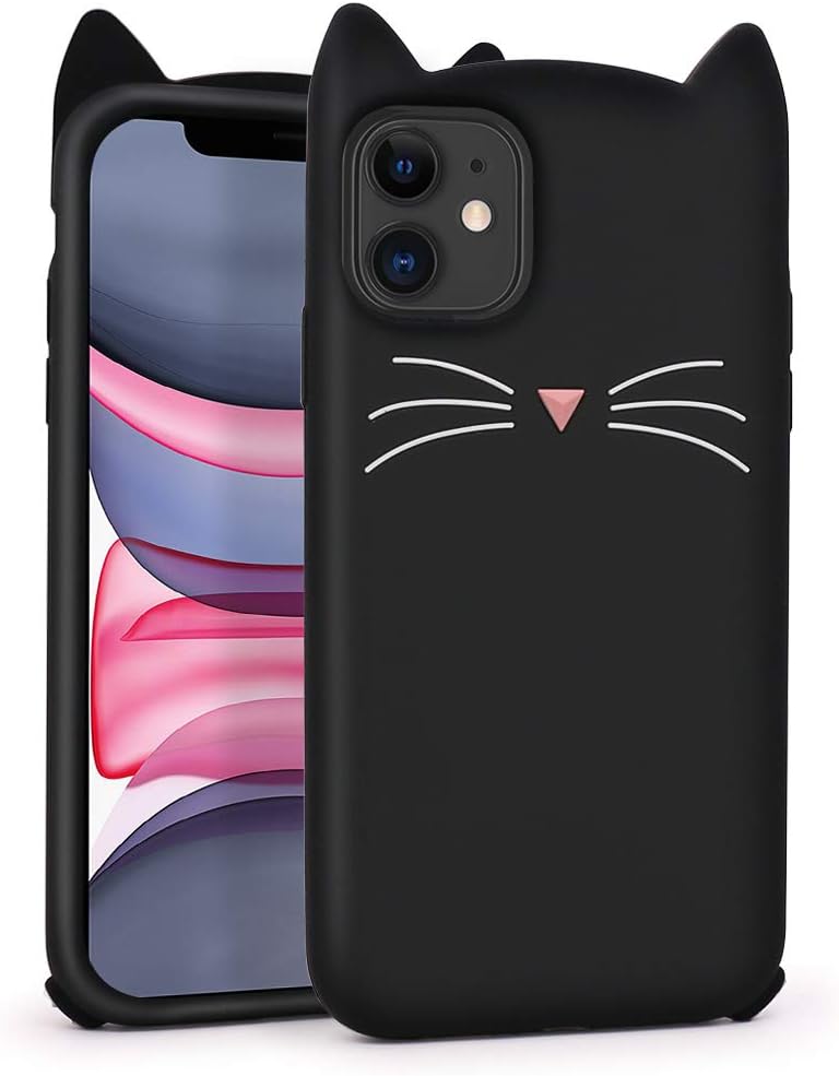 Cute iPhone 11 Case, Funny Animals Black Whisker Cat Ears Kitty 3D Cartoon Soft Silicone Shockproof Cases Cover for Girls Women