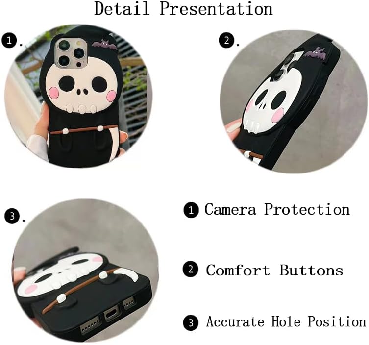 3D Halloween Skeleton Case for iPhone 15 6.1 inch,3D Soft Silicone Anime Funny Cool Weird Ugly Character Full Protective Shockproof Phone Case Cover for Teens Girls Women