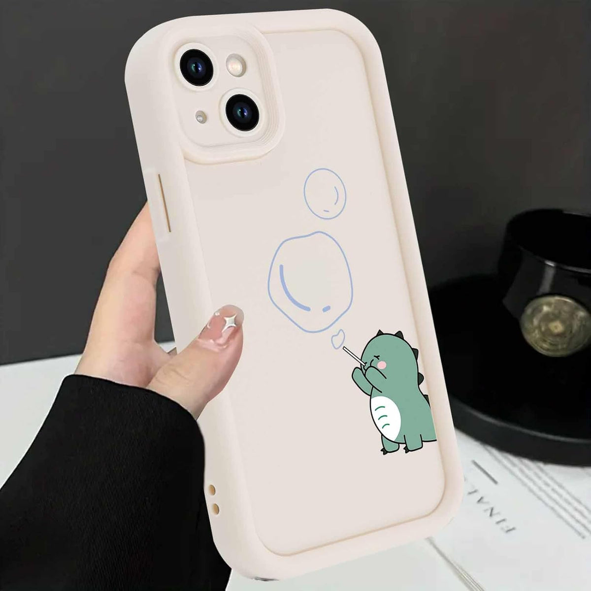 Cute Dinosaur Phone Case for iPhone 15 6.1",Kawaii Cartoon Bubble Cases Funny Design Pattern Cover for Girls Kids Boys,Beige Soft Shockproof Lens Protection Funda for iPhone 15