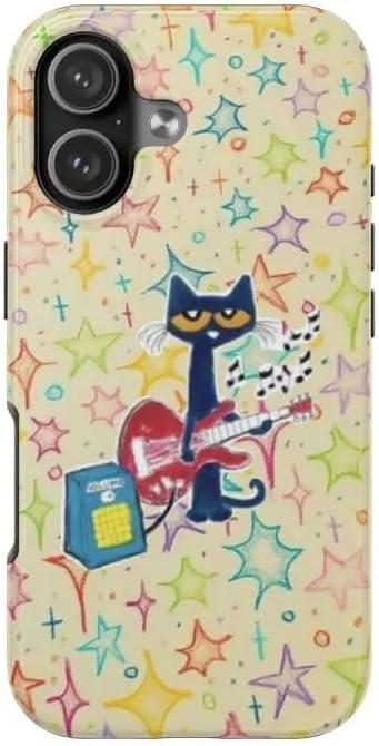 Cute Pete Cat Phone Case, Retro Cartoon Guitar Cat Aesthetic Cover, Groovy Colorful Music Art Design for Phone 11 12 13 14 15 16 17 Pro Max