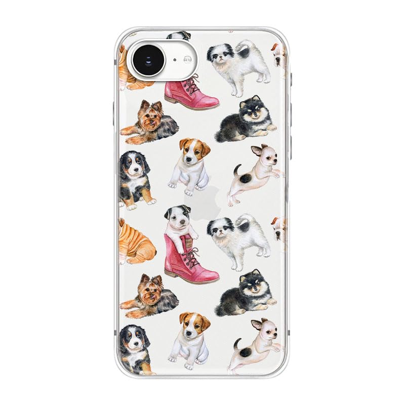 Blingy's for iPhone 17e Case/iPhone 16e Case, Fun Dog Style with Paw Print Pattern Cute Cartoon Animal Design Transparent Soft TPU Protective Clear Case 6.1 inch (Dogs w/Prints)