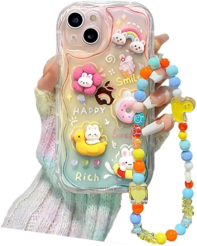 Designed for iPhone Case,Cute Rainbow Rabbit Duck Kawaii Cartoon Animal Wristband Strap Bracelet Chain Soft Shockproof Cover Phone Case (iPhone 17,Pink)