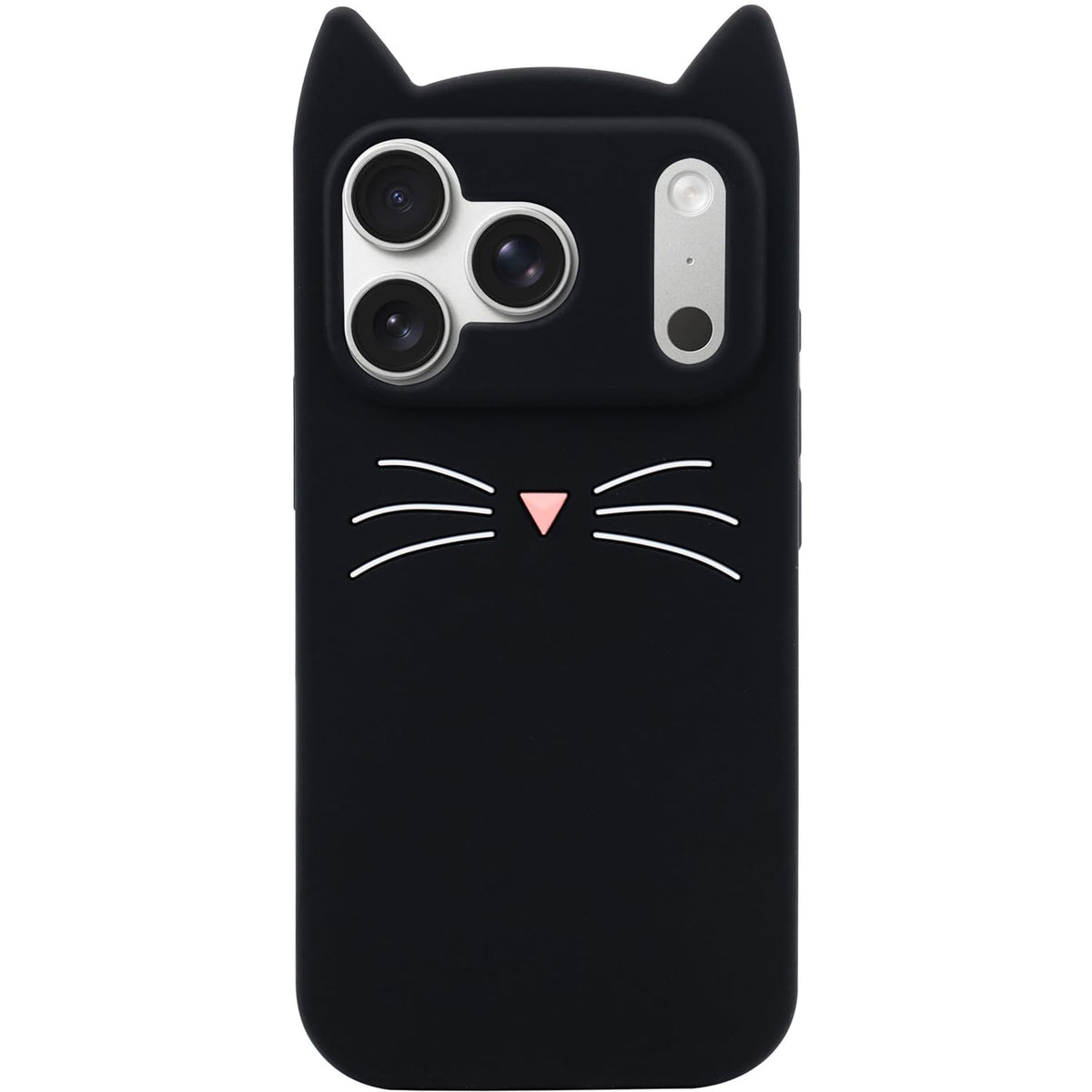 MC Fashion 3D Cat Ears Shockproof Silicone Case for iPhone 15 Black | Precise cutout design, slim snug fit, anti-slip soft grip, cute aesthetic style, ideal gift for women & girls