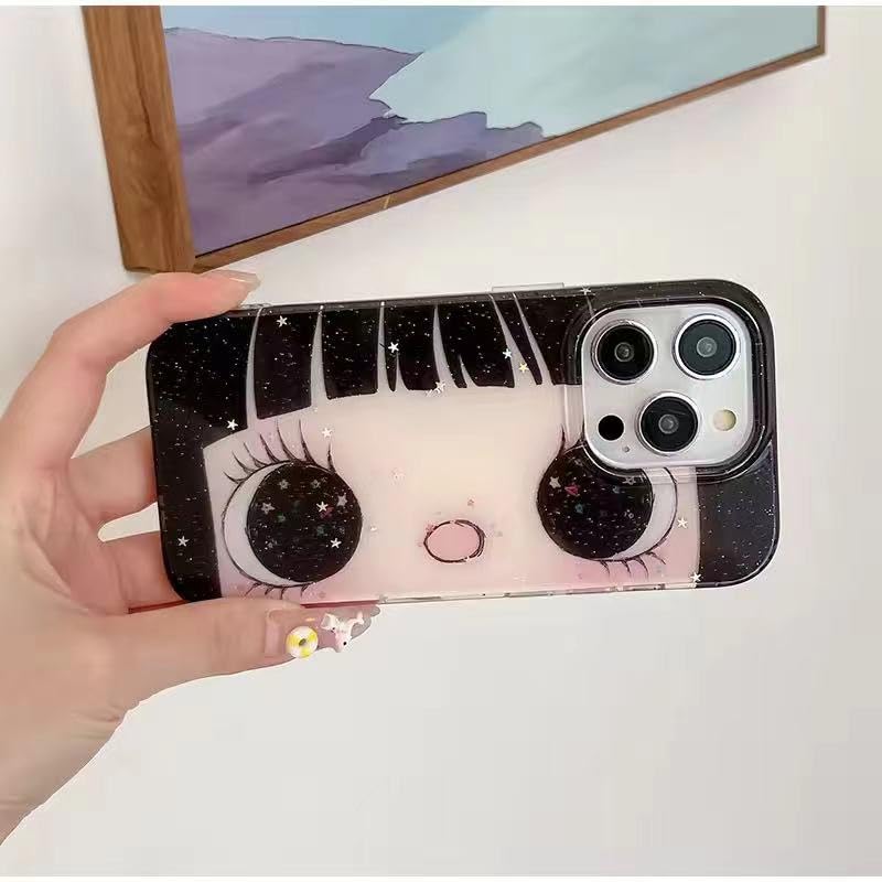 Compatible with iPhone 17 Case, Cute Kawaii Anime Big Eyes Design with Glitter Stars, Sparkle Bling Soft TPU Shockproof Protective Cover for Women Girls