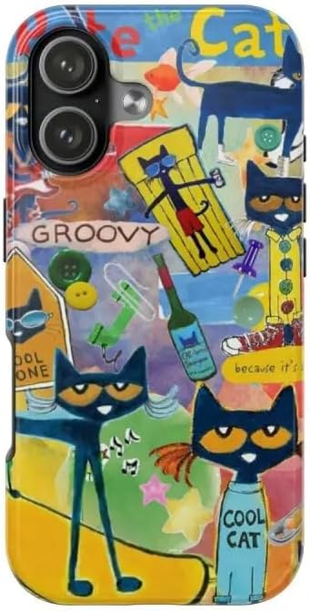 Cute Pete Cat Phone Case, Retro Cartoon Guitar Cat Aesthetic Cover, Groovy Colorful Music Art Design for Phone 11 12 13 14 15 16 17 Pro Max