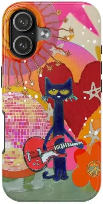 Cute Pete Cat Phone Case, Retro Cartoon Guitar Cat Aesthetic Cover, Groovy Colorful Music Art Design for Phone 11 12 13 14 15 16 17 Pro Max