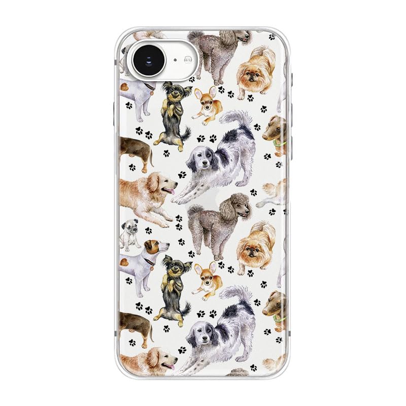 Blingy's for iPhone 17e Case/iPhone 16e Case, Fun Dog Style with Paw Print Pattern Cute Cartoon Animal Design Transparent Soft TPU Protective Clear Case 6.1 inch (Dogs w/Prints)