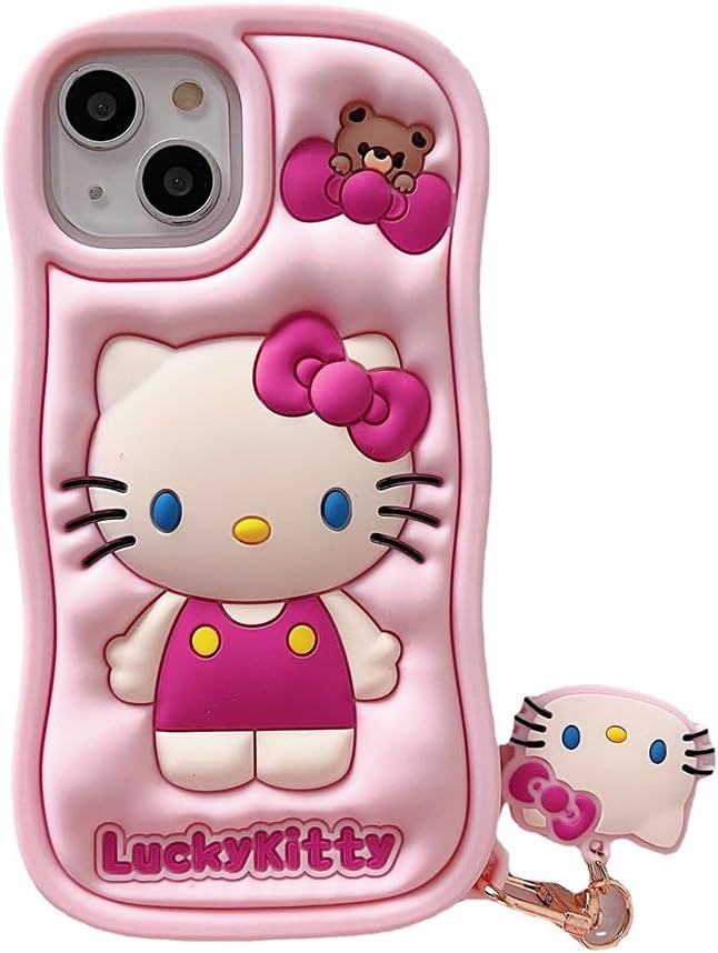 Cartoon Cute Kitty Phone for iPhone 13/14 Case | Funny Kawaii Cat Phone Case 3D Character Soft Silicone Cover Case for Kids Girls and Womens