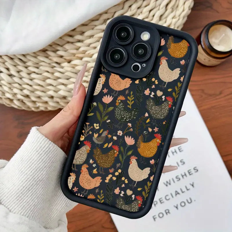 This green plant and chicken patchwork phone case features a drop-proof and non-slip TPU full-coverage lens protector, compatible with iPhone 17, 16, 15, 14, 13, 12, 11, XS, X series, and more. It makes a great gift for friends or family.
