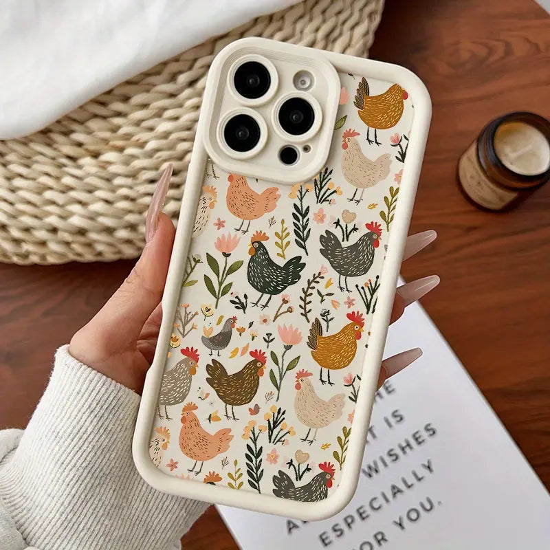 This green plant and chicken patchwork phone case features a drop-proof and non-slip TPU full-coverage lens protector, compatible with iPhone 17, 16, 15, 14, 13, 12, 11, XS, X series, and more. It makes a great gift for friends or family.