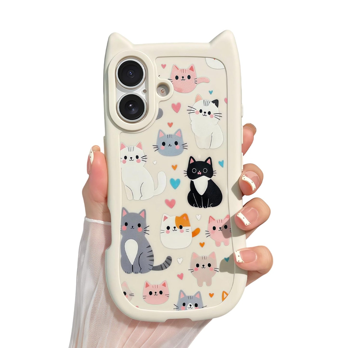 for iPhone 13 Phone Case, Cute 3D Cat Ears and Vintage Hand-Drawn Multi-Cats Heart Cartoon Pattern, with Cat Paw Buttons, Trendy Shockproof Soft Protective Phone Cover, Cat Ears