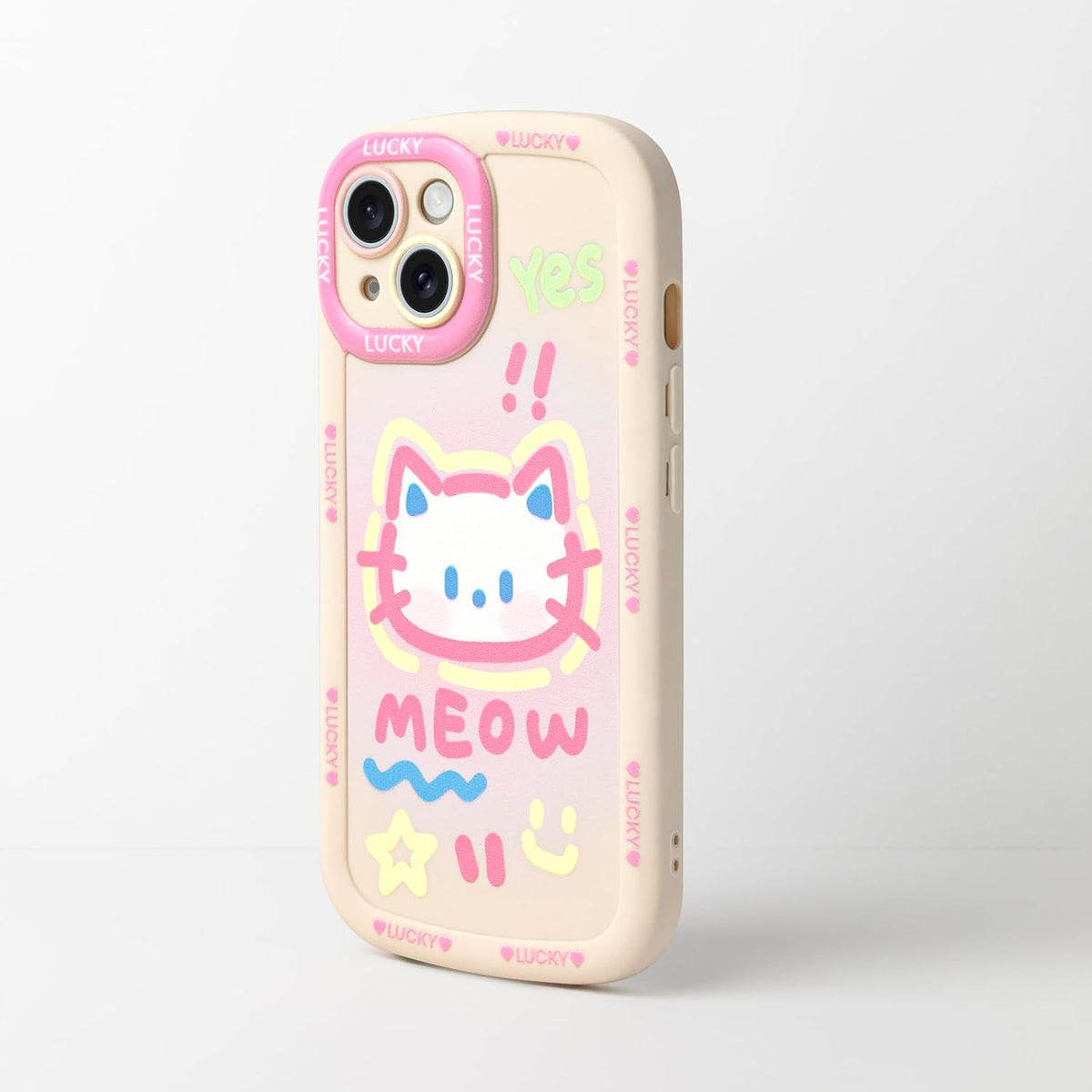 Cute Phone Case Compatible with iPhone 15, Big Head Kitty Cat, Animals Cartoon Soft Touch TPU Heavy Duty Protection Bumper Case Cover for Girls Kids Women