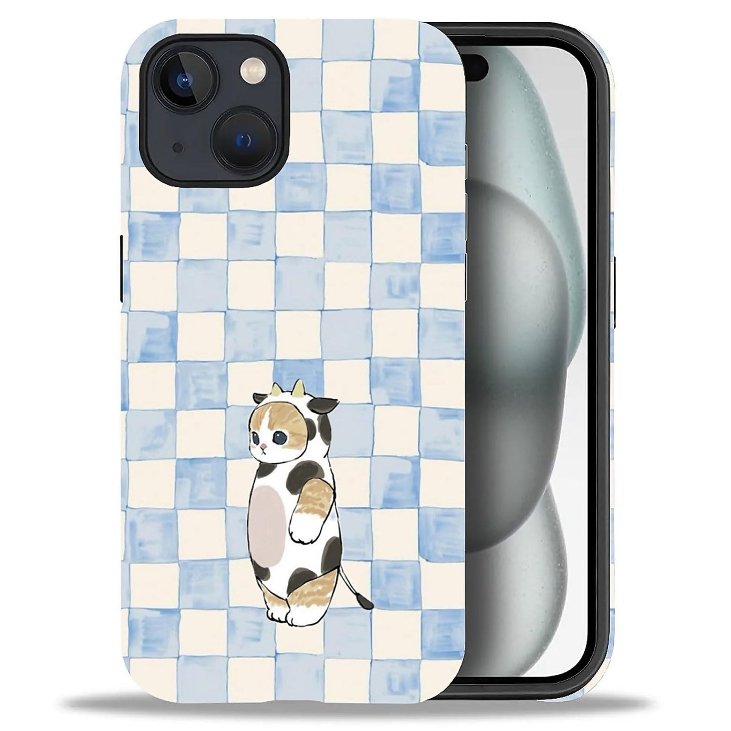 for iPhone 13/14 Case,Hybrid 2-Layer Hard Shell + Silicone Protective Case -Resistant Shockproof- A Naughty Cat with Blue Stripes Eating Fish