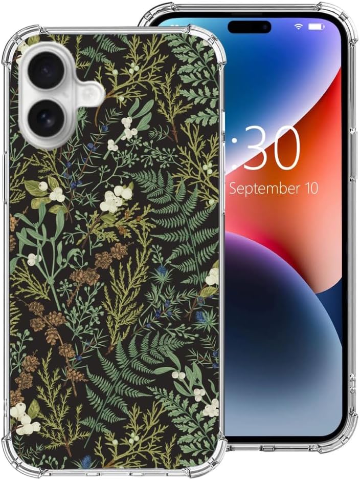 Forest Ferns Phone Case for iPhone 16, Dark Green Nature Plant Cover for iPhone 16, Cool TPU Bumper Phone Case