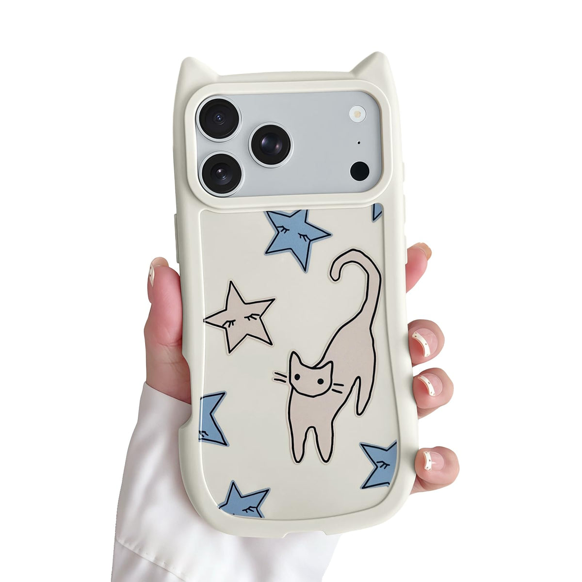 for iPhone 13 Phone Case, Cute 3D Cat Ears and Vintage Hand-Drawn Multi-Cats Heart Cartoon Pattern, with Cat Paw Buttons, Trendy Shockproof Soft Protective Phone Cover, Cat Ears