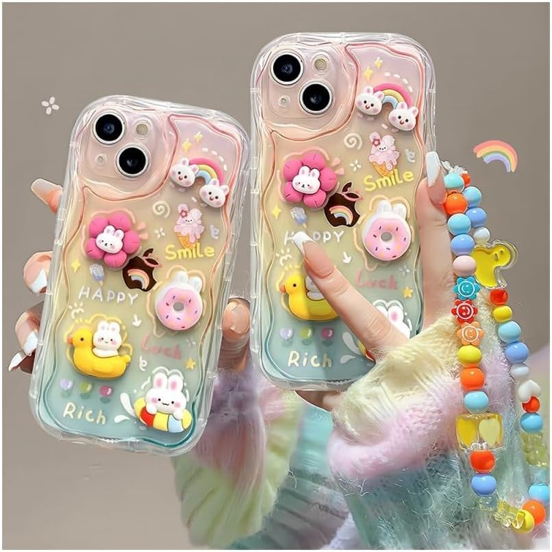 Designed for iPhone Case,Cute Rainbow Rabbit Duck Kawaii Cartoon Animal Wristband Strap Bracelet Chain Soft Shockproof Cover Phone Case (iPhone 17,Pink)