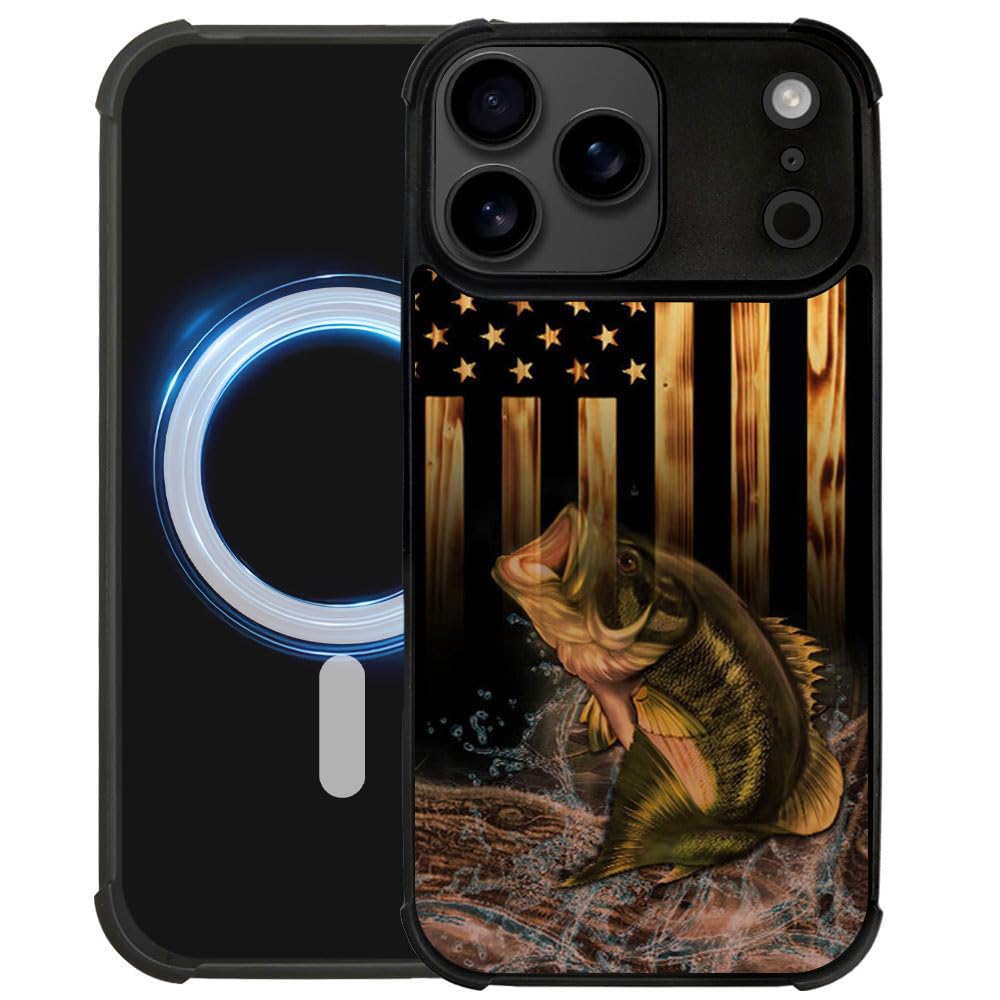 DJSOK Case for iPhone 17,Compatible with MagSafe,Anti-Scratch Shockproof Case,Wood American Flag Fish