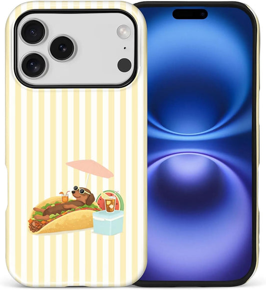 Case Compatible with iPhone 17 Pro,Double Layer Protection, Matte Finish, Anti-Drop and Anti-Fingerprint Armor -Yellow Striped Taco Vacation Sausage Dog Collage
