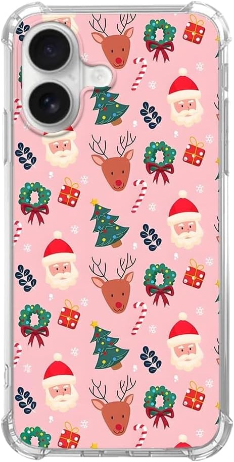 Pink Christmas Pattern Case for iPhone 16, Cute Reindeer, Trendy Cool Soft TPU Bumper Cover Case for iPhone 16