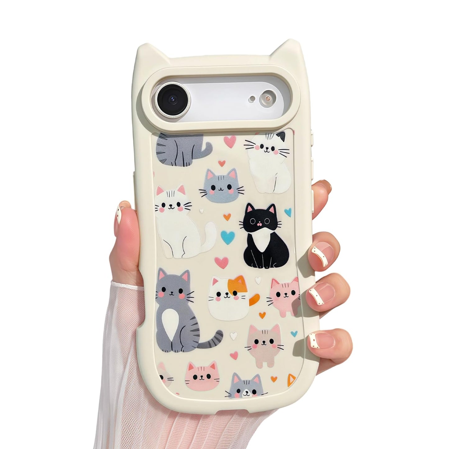 for iPhone 13 Phone Case, Cute 3D Cat Ears and Vintage Hand-Drawn Multi-Cats Heart Cartoon Pattern, with Cat Paw Buttons, Trendy Shockproof Soft Protective Phone Cover, Cat Ears