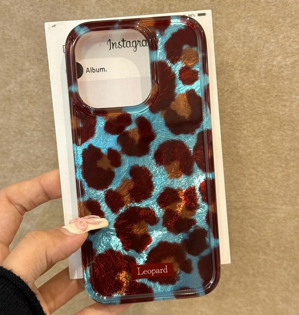 inewateri Compatible for iPhone 16 Pro Max Case with Cute Cheetah Leopard Print Retro Aesthetics Design Soft Slim TPU Shockproof Protective Bumper Glitter Shiny Phone Cover-Blue