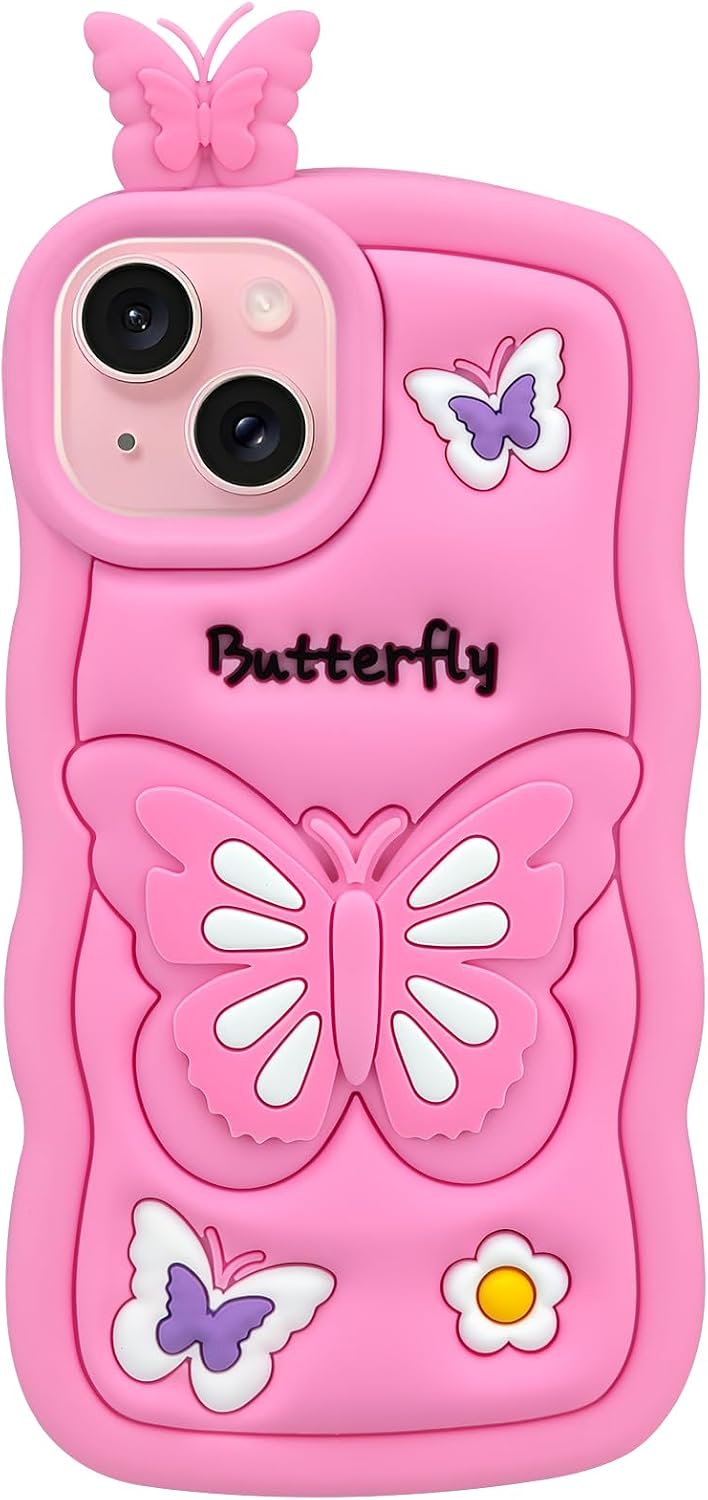 Cute Phone Case Compatible with iPhone 13, Butterfly iPhone 14 Cases, Animal iPhone 15 Girly 3D Cartoon Soft Silicone Heavy Duty Protection Cover for Girls Kids Women