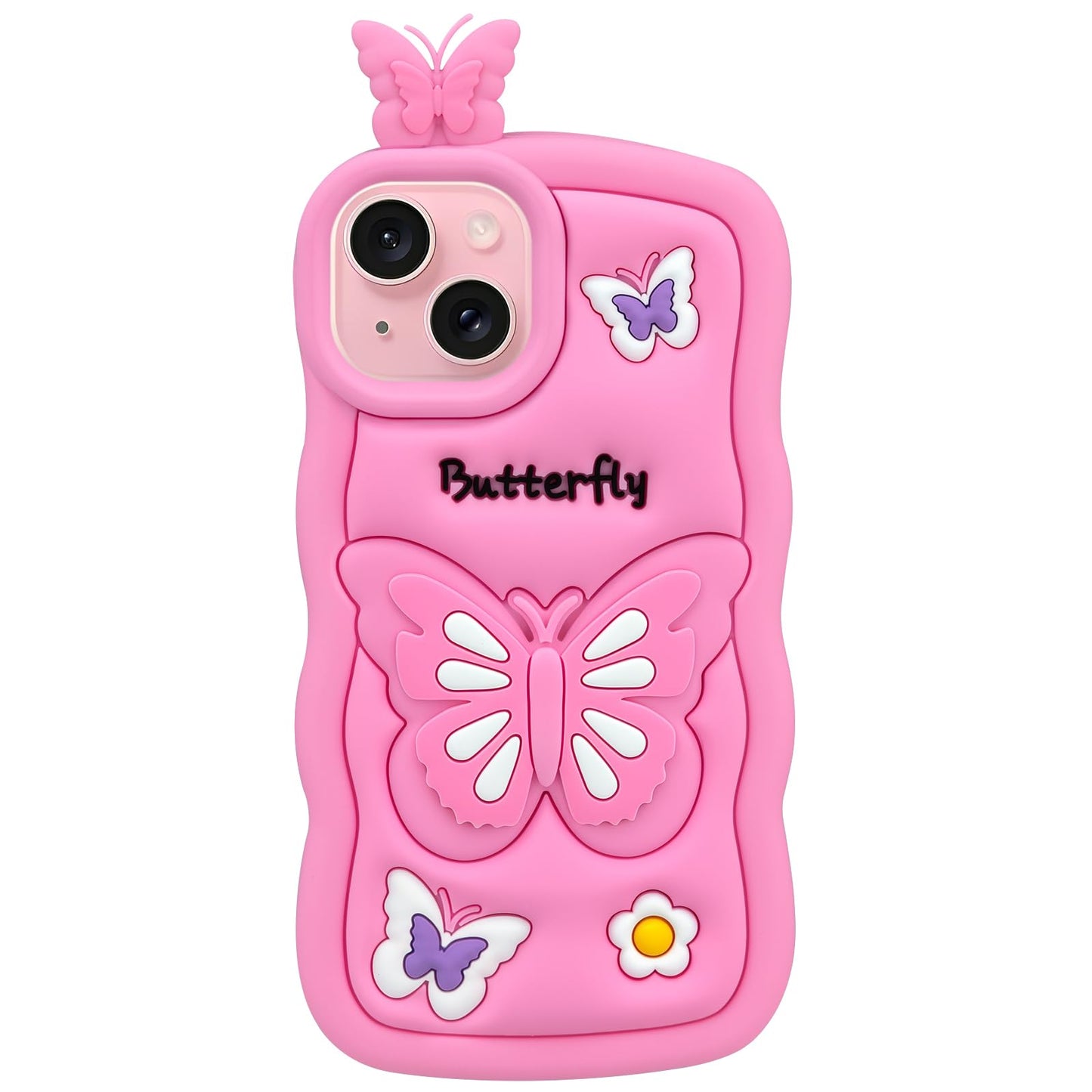 Cute Phone Case Compatible with iPhone 13, Butterfly iPhone 14 Cases, Animal iPhone 15 Girly 3D Cartoon Soft Silicone Heavy Duty Protection Cover for Girls Kids Women