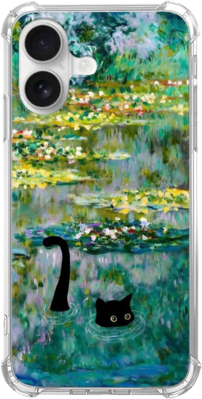 Water Lily Pond Black Cat Phone Case Compatible with iPhone 17, Cute Cat Painting Phone Cover for iPhone 17