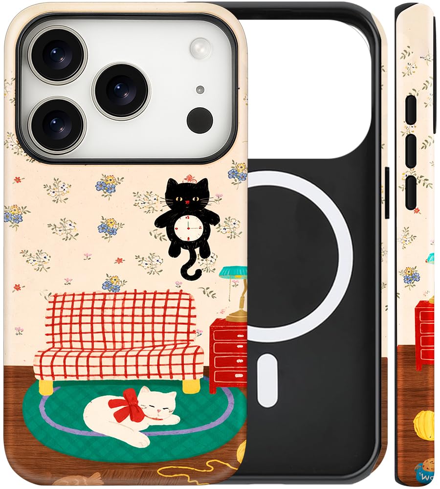 Magnetic for iPhone 13/14 Case Cute Cat Phone Case, Apricot | Shockproof Slim TPU and Hard PC Protective Phone Cover Compatible with MagSafe Designed for Women Girls Gift