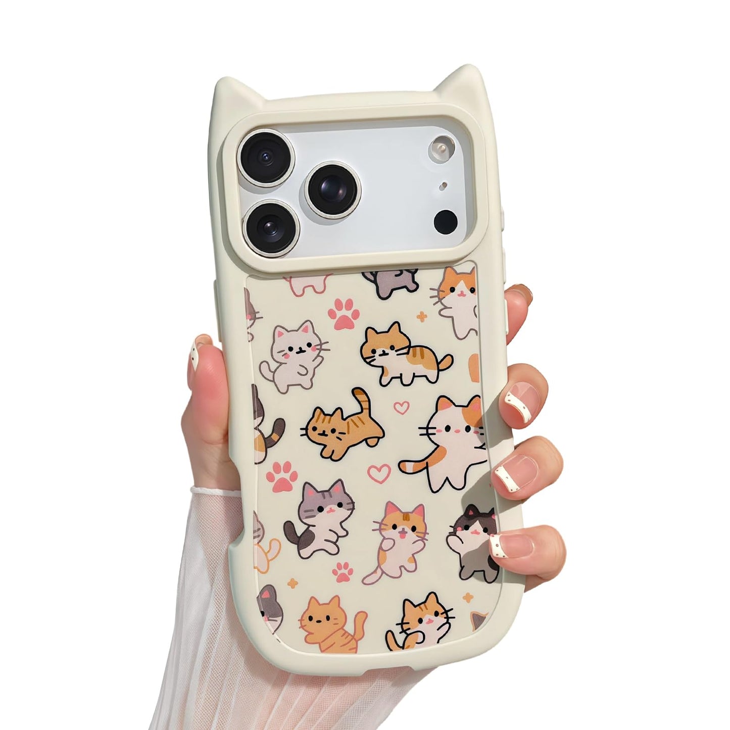 for iPhone 13 Phone Case, Cute 3D Cat Ears and Vintage Hand-Drawn Multi-Cats Heart Cartoon Pattern, with Cat Paw Buttons, Trendy Shockproof Soft Protective Phone Cover, Cat Ears