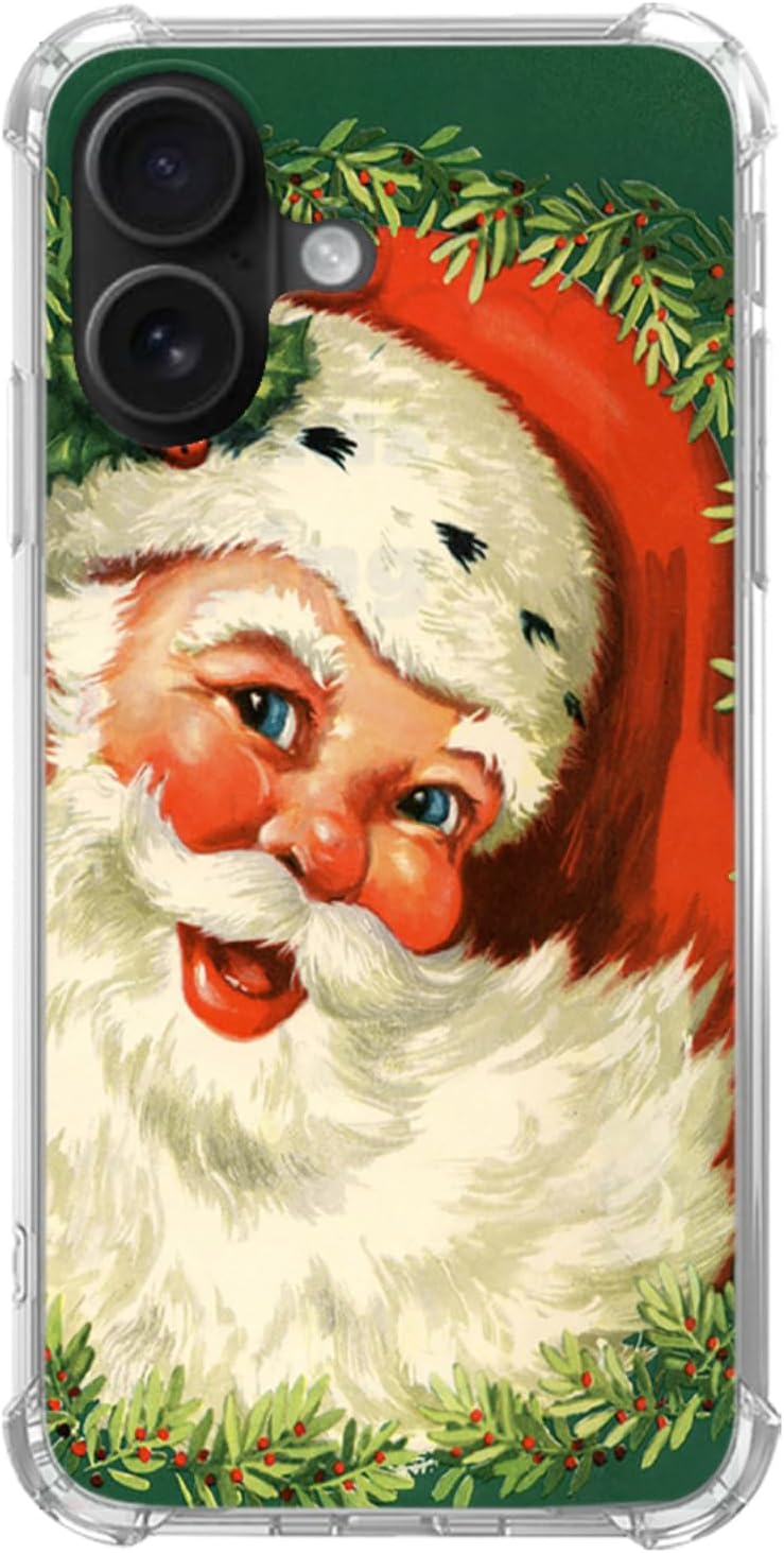 Christmas Vintage Retro Phone Case for iPhone 16, Cute Kawaii Case Winter Holiday Xmas Santa Claus Cover for Teens Women Men, Trendy TPU Bumper Cover Case