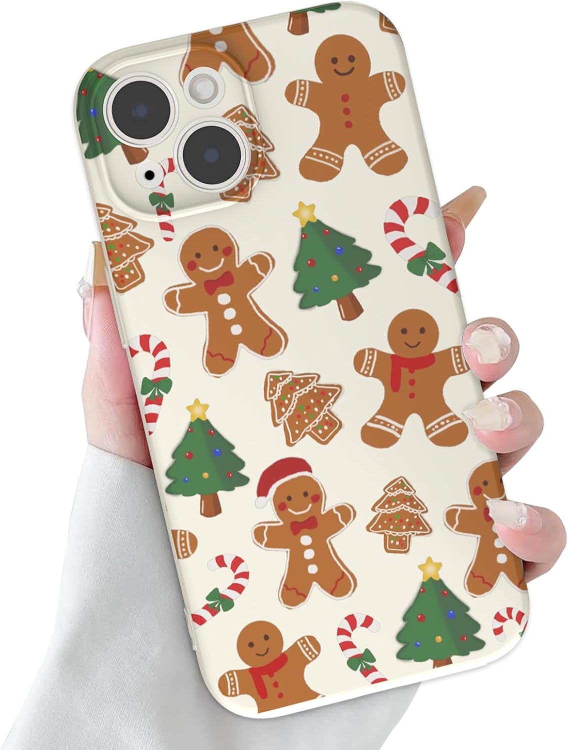 Christmas Case for iPhone 13 Case Cute Xmas Merry Christmas Tree Gingerbread Man Pattern Santa Holiday Aesthetic Gifts Girly Girls Women Kids Soft TPU Protective Cover, Beige