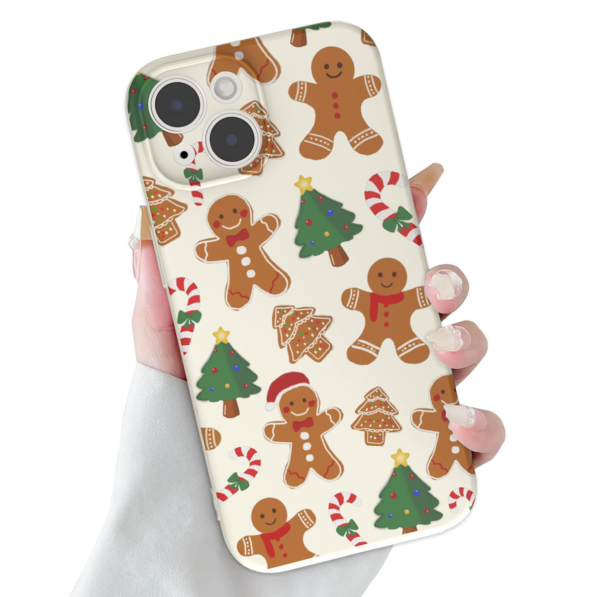 Christmas Case for iPhone 13 Case Cute Xmas Merry Christmas Tree Gingerbread Man Pattern Santa Holiday Aesthetic Gifts Girly Girls Women Kids Soft TPU Protective Cover, Beige