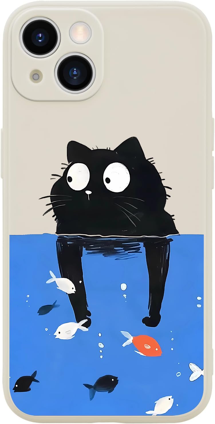 Funny Cat Case for iPhone 13, Cute Cartoon Black Cat Phone Case Cover Liquid Silicone Soft Gel Rubber Phone Cover with Microfiber Lining for iPhone 13