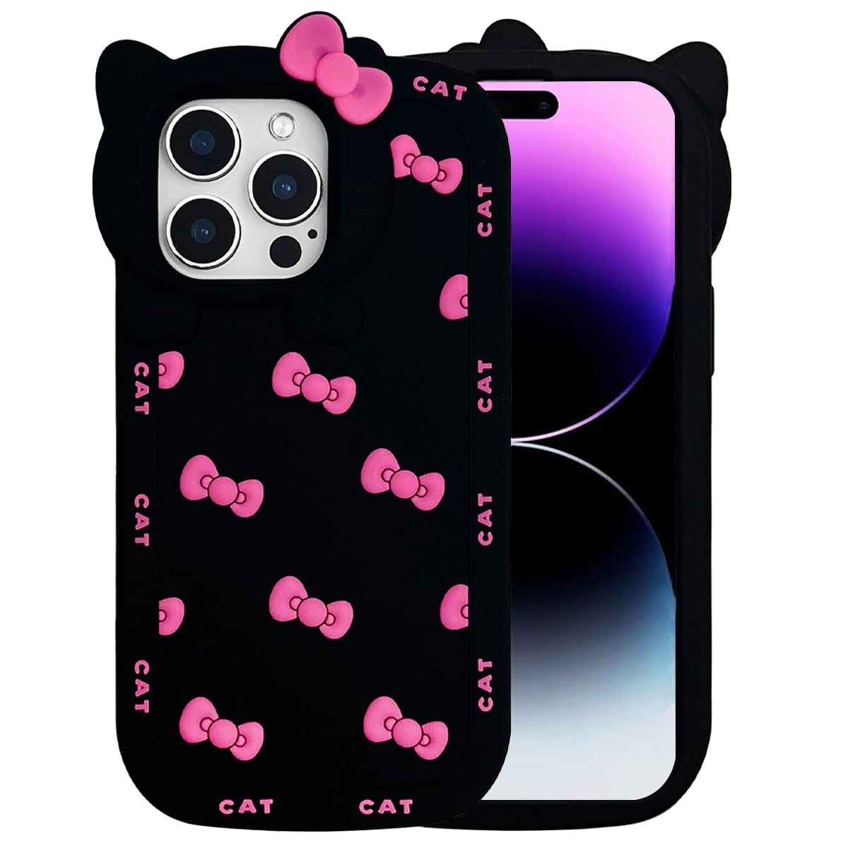 Cute Case for iPhone 17 Pro Max 6.9'', Black Kawaii Funny 3D Bow Cartoon Silicone Cat Phone case, Soft Shockproof Classic Protective Cover for Women Girls, and Kids