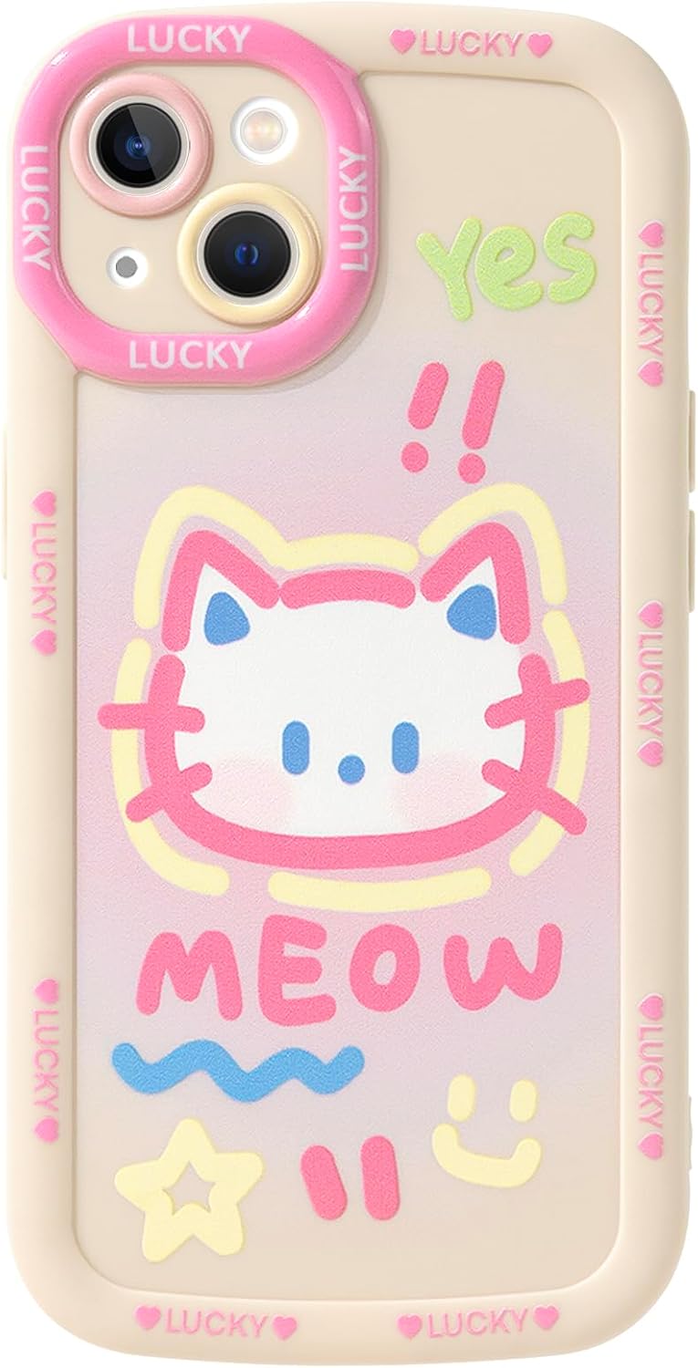 Cute Phone Case Compatible with iPhone 13, Big Head Kitty Cat, Animals Cartoon Soft Touch TPU Heavy Duty Protection Bumper Case Cover for Girls Kids Women
