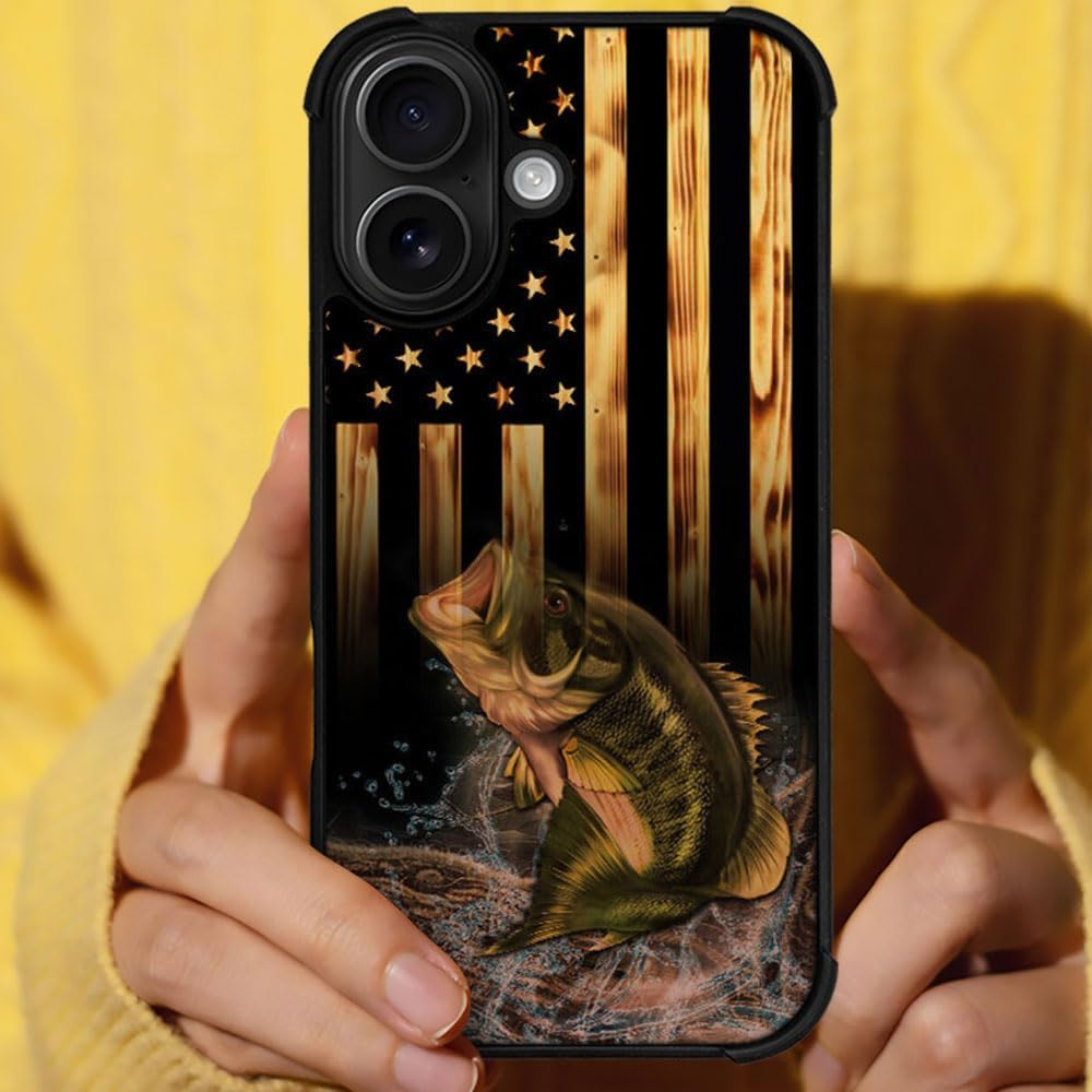 DJSOK Case for iPhone 17,Compatible with MagSafe,Anti-Scratch Shockproof Case,Wood American Flag Fish