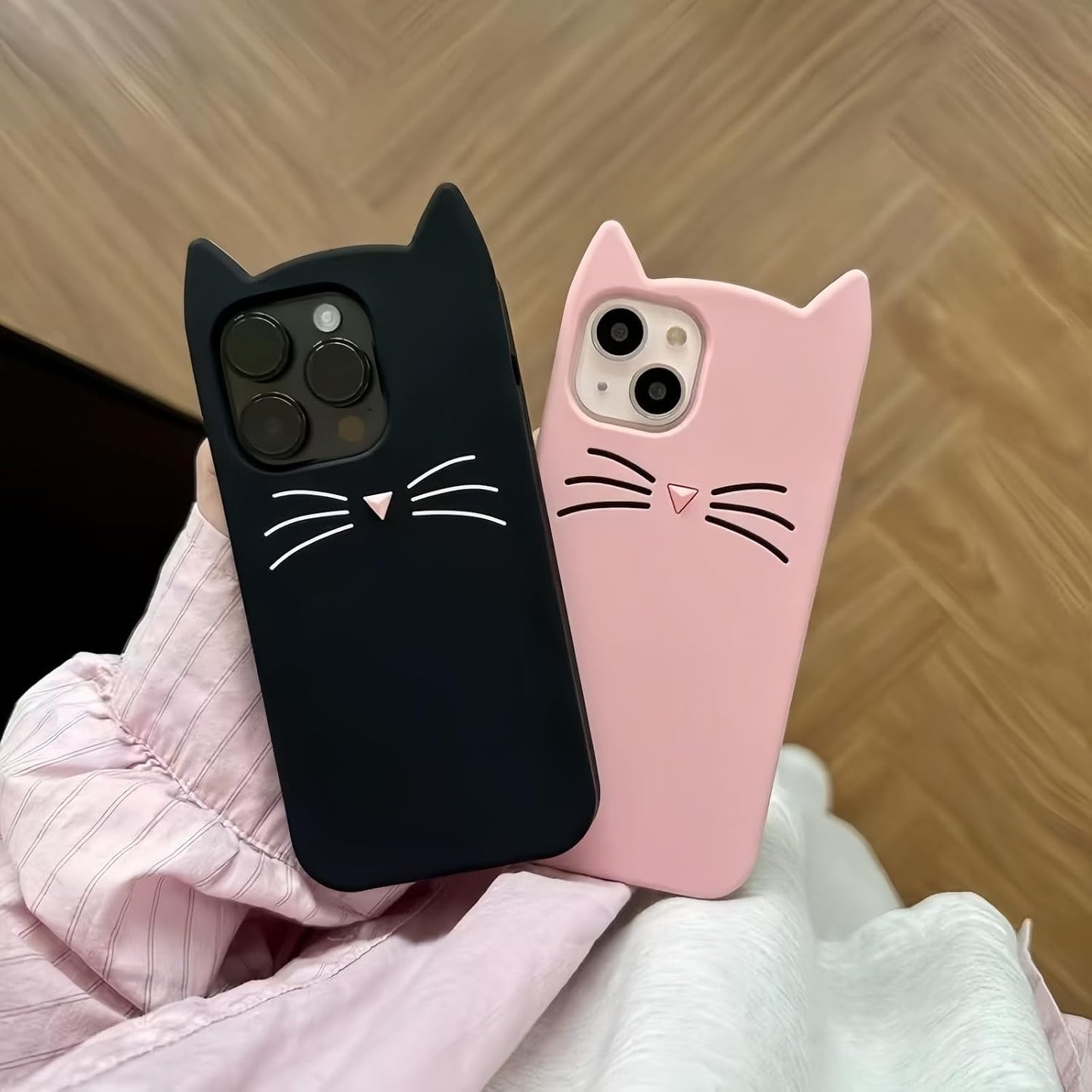MC Fashion 3D Cat Ears Shockproof Silicone Case for iPhone 13/14 Black | Precise cutout design, slim snug fit, anti-slip soft grip, cute aesthetic style, ideal gift for women & girls